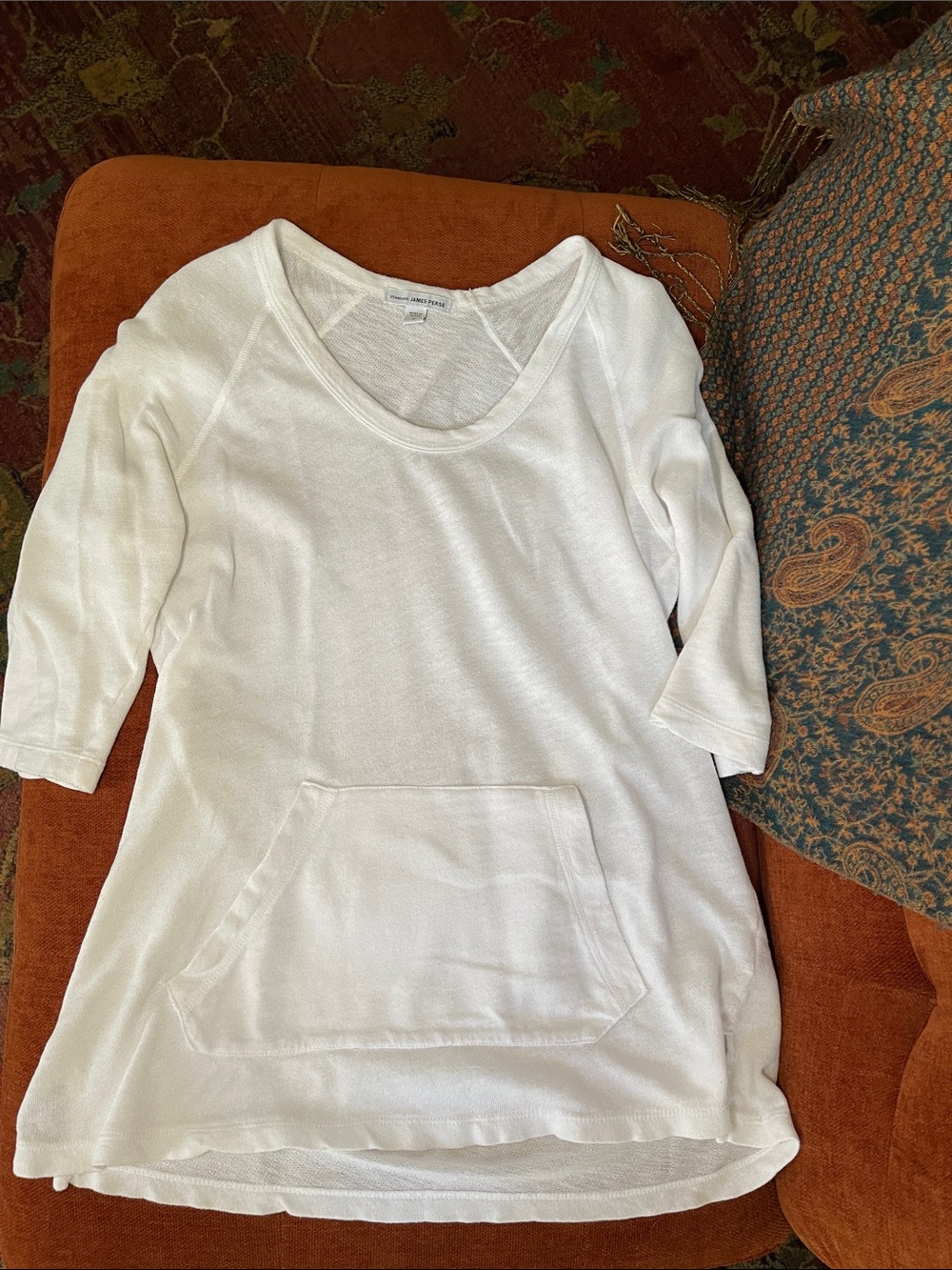 JAMES PERSE White Lightweight Scoop Neck Tunic with Front Pocket, size 2